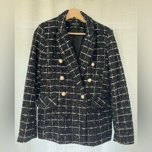 Rachel Zoe Black and White Plaid Blazer Faux Pearl Buttons Shimmer Detail Size S